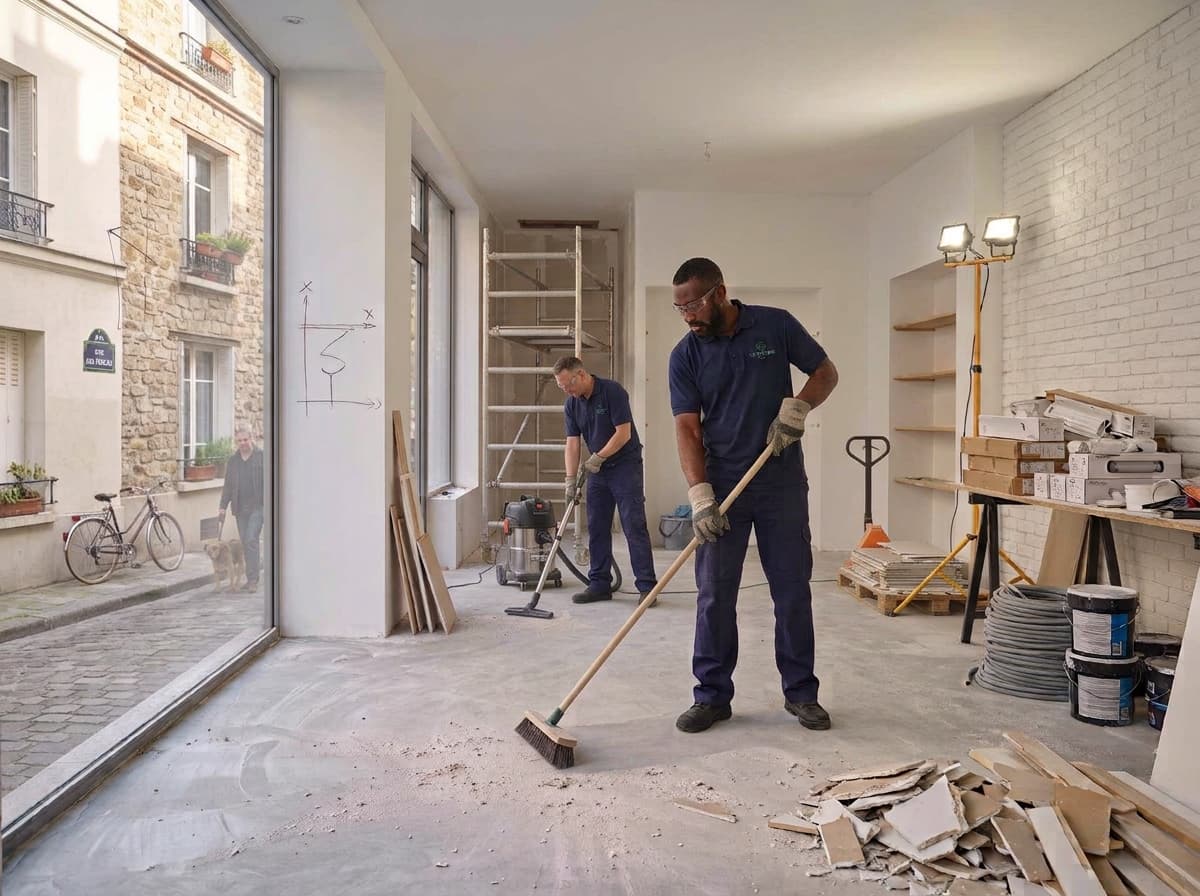 Deux agents balayant et aspirant la poussière d'un local en fin de chantier