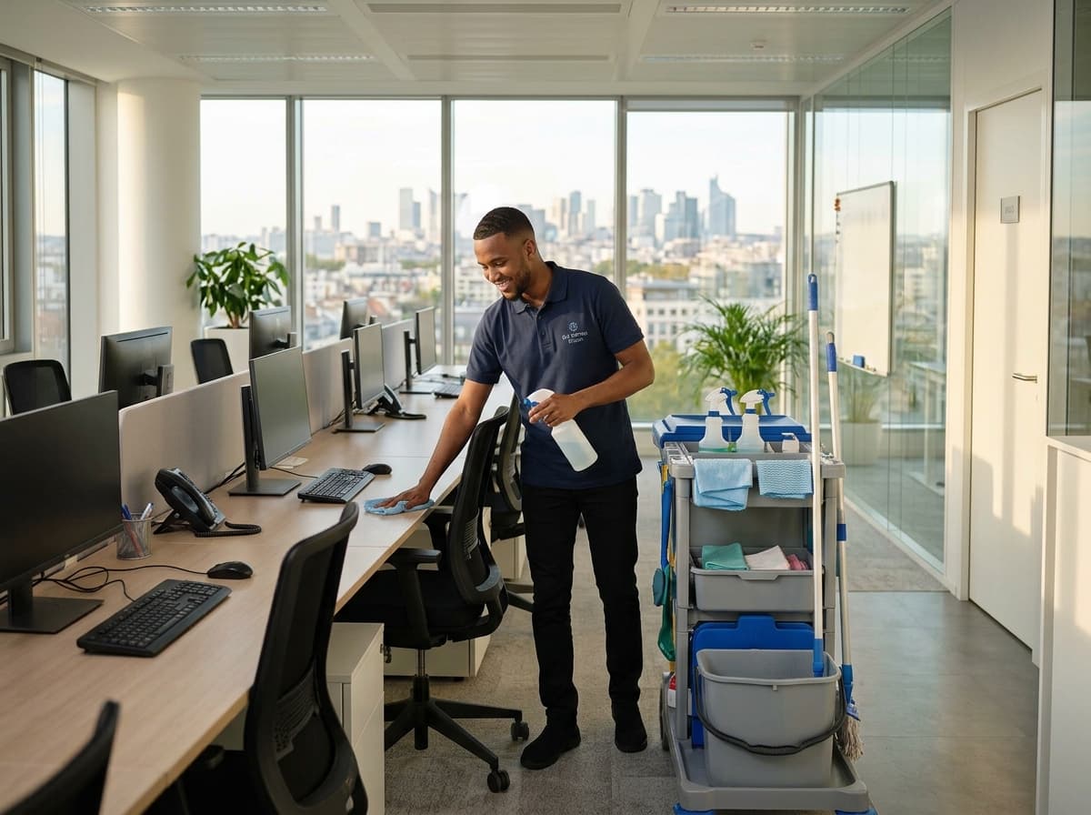 Agent d'entretien nettoyant les postes de travail d'un open space, chariot de ménage à côté
