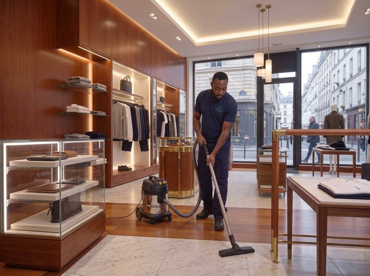 Agent d'entretien passant l'aspirateur dans une boutique de vêtements