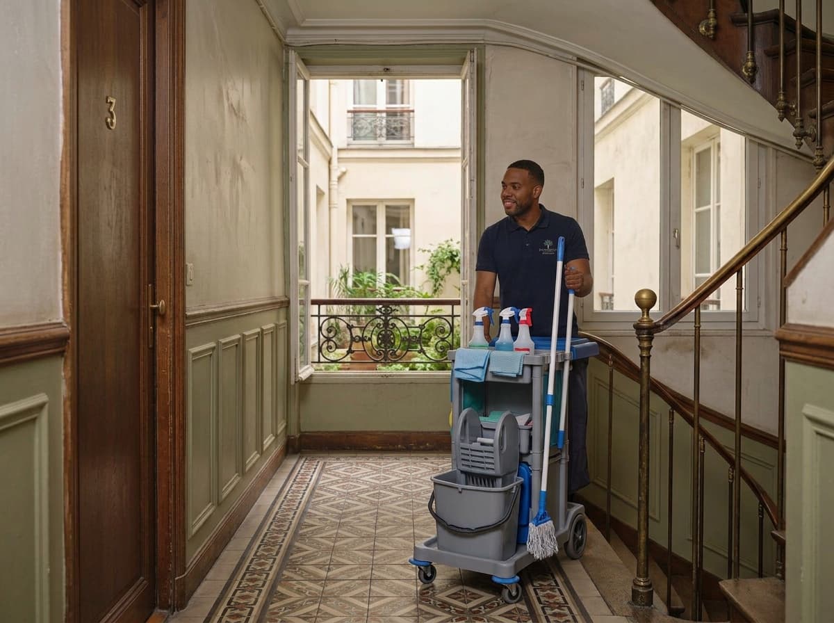 Agent d'entretien avec son chariot de ménage dans le hall d'un immeuble d'habitation