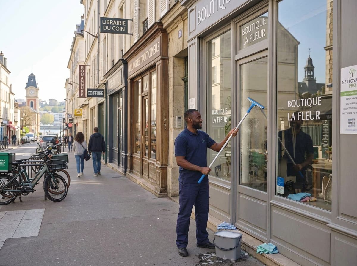 Laveur de vitres nettoyant la vitrine d'une boutique avec une raclette